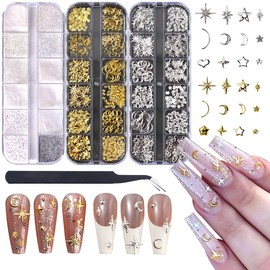 Star Moon Nail Charms for Nails Art 3D Gold Silver Starlight Cross Star Nail Rivet Studs Decoration Alloy Metallic Stars Accessories and Sugar Glitter Powder for Nails Manicure Craft DIY