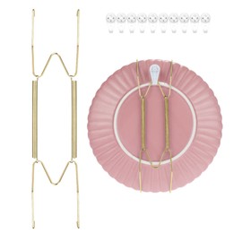 Pack of 10 Plate Hangers for Wall with 10 Wall Hooks, 10 Inch Invisible Golden Plate Display Spring Hook Holder Decorative Plate Hanger for Hanging Wire Compatible with Decorative Plates Antique