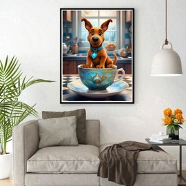 DPHERO DIY Welpe Hund Diamant Painting Kits Bilder für Erwachsene Anfänger,5D Kaffeebecher Diamond Painting Set,DIY Runde Steine Küche Diamant Kunst Kits, Diamant Art für Zuhause Dekor 30x40 cm