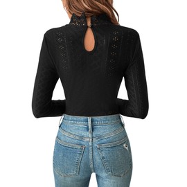 GORGLITTER Women's Bodysuit Elegant Bodies Stand-Up Collar Eyelet Embroidery Bodysuits Long Sleeve Bodysuit with Lace Insert, black