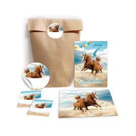 JuNa-Experten 12 Invitation Cards for 7th Children's Birthday Girl Horse Invitation Seventh Birthday Including 12 Envelopes, 12 Party Bags / Natural, 12 Stickers