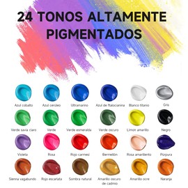 Kit de Pintura Acrílica Profesionales, RTTFHER Pintura Oleo 24 Colores×12ml con 10 Pinceles y 1 Paleta, Juego de Pintura Acrilica de Arte para Papel, Lienzo, Roca, Madera, Cerámica