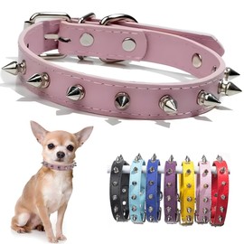 Pink Spiked Dog Collar For Medium Dogs PU Leather Rivet Spike Puppy Collar Studded Kitten Cat Collars Adjustable Buckle For Small Medium Breed Pets Like Chihuahua French Bulldog, M