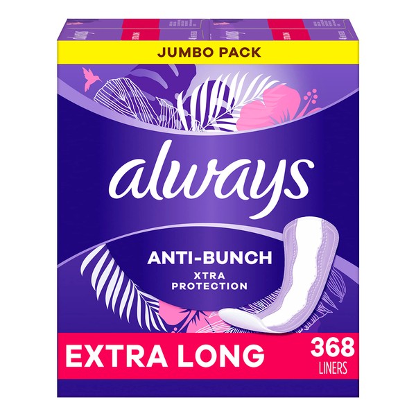 Always Anti-Bunch Xtra Protection, Panty Liners for Women, Extra Long Length, Unscented, 92 Count (Pack of 4) (368 Count) (Packaging May Vary)