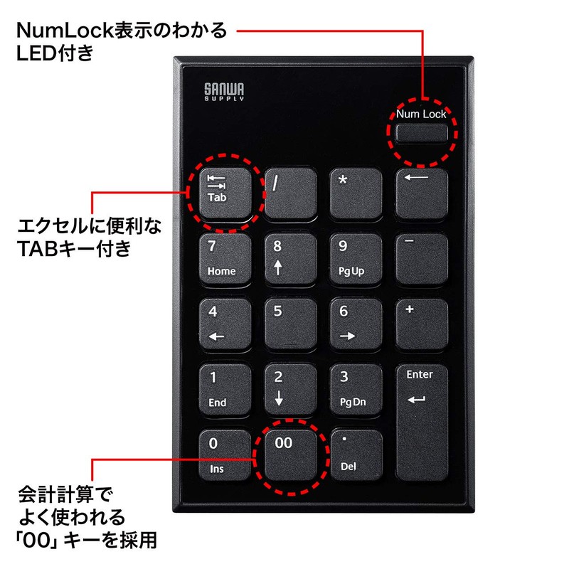 Sanwa Supply NT-WL21BK Wireless Tenkey USB A Connection Pantograph Key