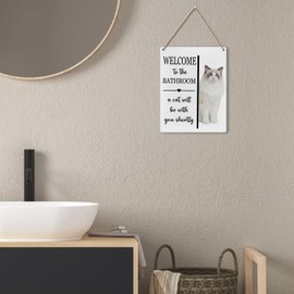 UYIKG Welcome To The Bathroom a Cat Will Be With You Shortly Wood Hanging Sign,Funny Bathroom Wall Decor Sign for Cat Mom Dad Ragdoll Lover,8x10 inches