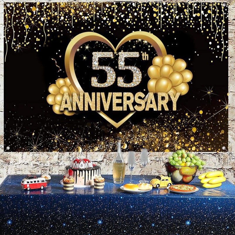 Happy 55th Anniversary Banner Backdrop Decorations, Wedding Anniversary 55th Happy