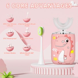 PVOGRT Kids U Shaped Electric Toothbrush, Toddler Toothbrush with 2 U-Shaped Brush Heads 2 Soft Replacements with Toothpaste Automatic Toothbrush Rechargeable,6 Cleaning Modes - Age2-7 Pink