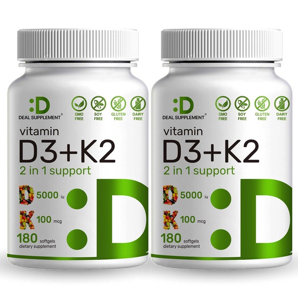 2 Pack Vitamin D3 K2 Softgel, 360 Counts, 2-1 Complex, Vitamin D3 5000 IU & Vitamin K2 MK7, Promotes Heart, Bone & Teeth Health - Very Easy to Swallow