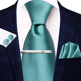 Hi-Tie Mens Tie Set with Pocket Square Cufflinks Silk Ties for Men Silver Tie Clip Set Necktie Prom Wedding Formal,Teal