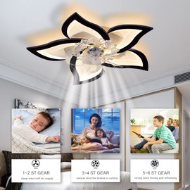 Bevenus Low Profile Ceiling Fans with Lights,27.2” Black Modern Dimmable Flower Shape Ceiling Light Fan with Remote Control/app Control,Timing 6 Gear Speeds Fan Ceiling Lamp.