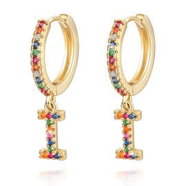 A-Z Letter Earrings, Hoop Earrings for Girls Women Children, 14K White Gold-Plated Cubic Zirconia Initial Letter Earrings, Dangling Small Huggie Earrings, Jewellery, 14 carat gold plated, I-gold