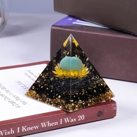 mookaitedecor Green Aventurine Crystal Pyramid with Obsidian Tumbled Stones Crystal Ball on Golden Lotus Chakra Energy Generator for Protection Reiki Healing Meditation Office Home Decoration