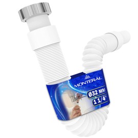 Flexible Waste Pipe Trap for Kitchen Sink Bathroom Sink and Bidet Size 1 1/4" x 32 mm Complete with Brass Nut and O-Ring - Warranty 10 Years - MONTERAL