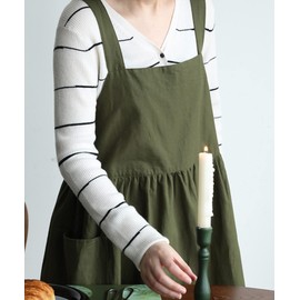 Aimoha Cafe Apron, Flare, One-Piece Apron, Women's, Gardening, 100% Cotton, Natural Cafe Style Apron, Green