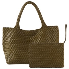 SporGenius Woven Tote Bag for Women, Vegan Leather Handwoven Bags with Small Handmade Purse, Large Travel Braided Top Handle Handbags (Olive Green)