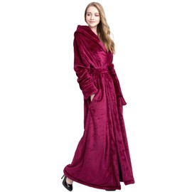 FindDress Women's Plush Robe Extra Long Robe with Pockets Thicken Soft Warm Bathrobe DarkRed S