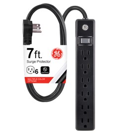 GE 6-Outlet Power Strip, 7 Ft Power Cord, Flat Plug, 3 Prong Outlet, UL Listed, Black