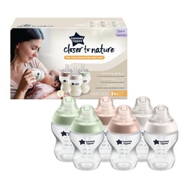 Tommee Tippee Closer to Nature Baby Bottles, Slow-Flow Breast-Like Teat with Anti-Colic Valve, 260ml, Pack of 6, Mixed Colours