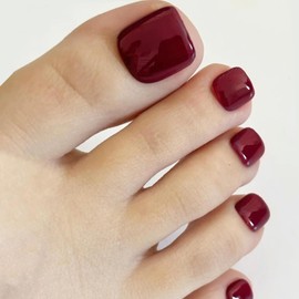 AddFavor 240pcs Press on Toenails Dark Red Fake Toe Nails Full Cover Glossy Shiny Short Press ons False Toe Nail for Women, with Nail Glue, Sticky Tabs, Nail File