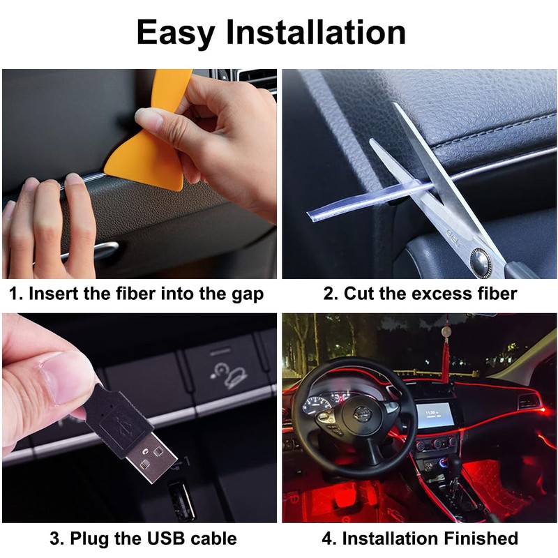 EL Wire Interior Car LED Strip Lights, USB Neon Glowing