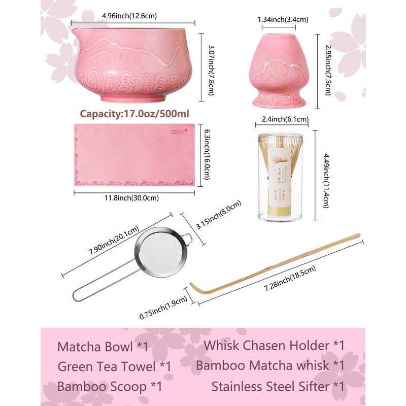 ZENS Matcha Set Pink, Japanese Matcha Tea Ceremony Kit, 6pcs