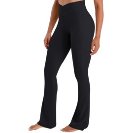Sunzel No Front Seam Crossover Flare Leggings for Women Hidden Butt Lifting Scrunch Tummy Control Mini Flared Yoga Pants 34" Inseam Black Small
