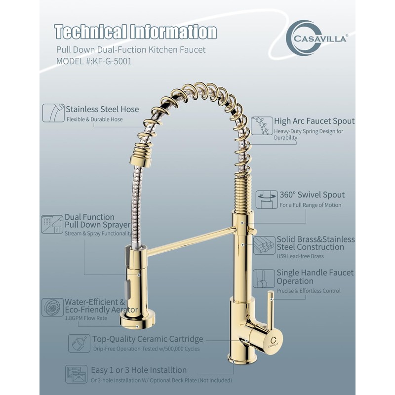 Casavilla Kitchen Faucet, Commercial Kitchen Sink Faucets with Pull Down