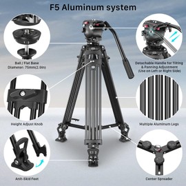 SCG Basic 65" Video Tripod with Fluid Head, F5 Professional Heavy-Duty Aluminum Tripod System Damping Adjustable Aluminum DSLR Tripod with Detachable Handle QR Plate for Cameras Load 13.2lbs