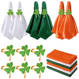 12 Pcs St. Patrick's Day Napkin Rings Set- St. Patrick's Day Cloth Napkins Ring Holders- Reusable Napkins Cloth and Metal Shamrock Napkin Rings for Saint Patrick's Day Irish Party Decoration