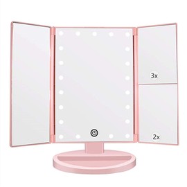 Flymiro Tri-fold Lighted Vanity Makeup Mirror with 3x/2x Magnification,21 LED Lights and Touch Screen,180 Degrees Free Rotation Countertop Cosmetic Mirror,Travel(Pink)