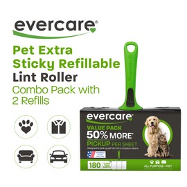 Evercare All Purpose Pet Hair Lint Roller with 2 Refills, 180 Total Sheets – Reusable Sticky Roller for Pet Hair, Cat & Dog Hair Remover, Lint Remover, Pet Hair Remover for Furniture, Clothing & Cars