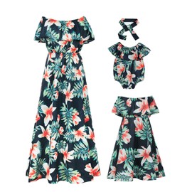 PopReal Mommy and Me Matching Outfits Dresses Floral Printed Chiffon Bowknot Ruffles Girls Clothing Green 9-12 Months