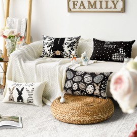 AVOIN colorlife Happy Easter Be Hoppy Rabbit Easter Eggs Black Throw Pillow Covers, 12 x 20 Inch Cushion Case Decoration for Sofa Couch Set of 4