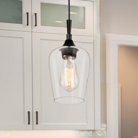 Edvivi 1-Light Kitchen Pendant Light with Clear Wine Glass Shade, Adjustable Cord Modern Hanging Ceiling Mini Lighting Fixture for Kitchen Island, Sink, Matte Black Finish, 5.25 in.