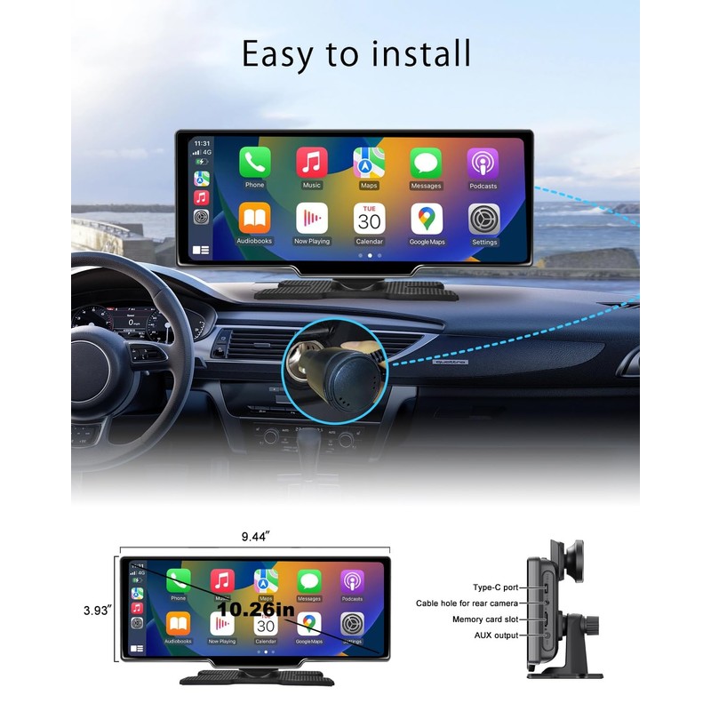 CHOVE Wireless Apple Carplay Screen for Car, 10.26" Apple Car