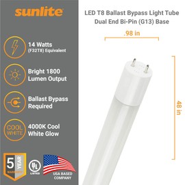 Sunlite LED T8 Ballast Bypass Light Tube (Type B) 4 Foot, 14W (F32T8 Equal), 1800 Lm, Medium G13 Base, Dual End Connection, Frosted, UL Listed, 4000K Cool White, 25 Count