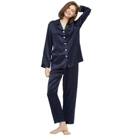 LilySilk Silk Pajamas for Women Button Up Pajamas Set for Ladies Girls Soft Maternity Pajamas Birthday Bridal Party Gift for Christmas Anniversary Valentine's Day,Navy Blue L