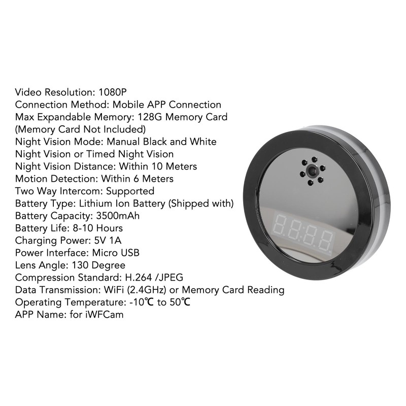 Security Camera Alarm Clock FHD1080P Wifi Surveillance Camera 2 Way