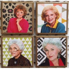 Golden Girls coasters with abstract backgrounds and gold trim