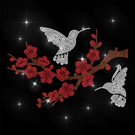 ANATTASOUL Red Rhinestone Iron on Transfer Plum Blossom and Hummingbird Bling Diamond Hotfix Patches for Clothes, 11.6"x8.2" Large Iron On Sequin Applique for Jeans Jacket Bag T-Shirts DIY Decor