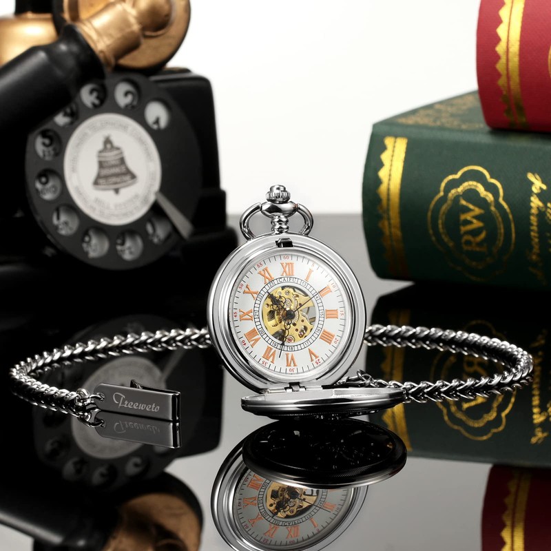 TREEWETO Men's Deer Reindeer Silver Full Hunter Case Pocket Watch