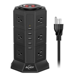 AiJoy Surge Protector Tower Power Strip 12 AC Outlets with 5 USB Ports Charging Station with 10ft Extension Cord for Home Office Black (Black)
