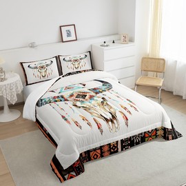 Boho Cow Skull Bedding Set King Size,Watercolor Tribal Geometric Print Comforter Set Room Decor for Home,Cowboy Western Style Microfiber Down Comforter,with 2 Pillowcases