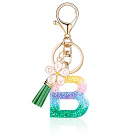 OKAICEN Pink Flower Pendant Letter 'B' Initial Keychain Color Alphabet Keychain,Green Tassel Key Ring for Women Girls Purse Handbags