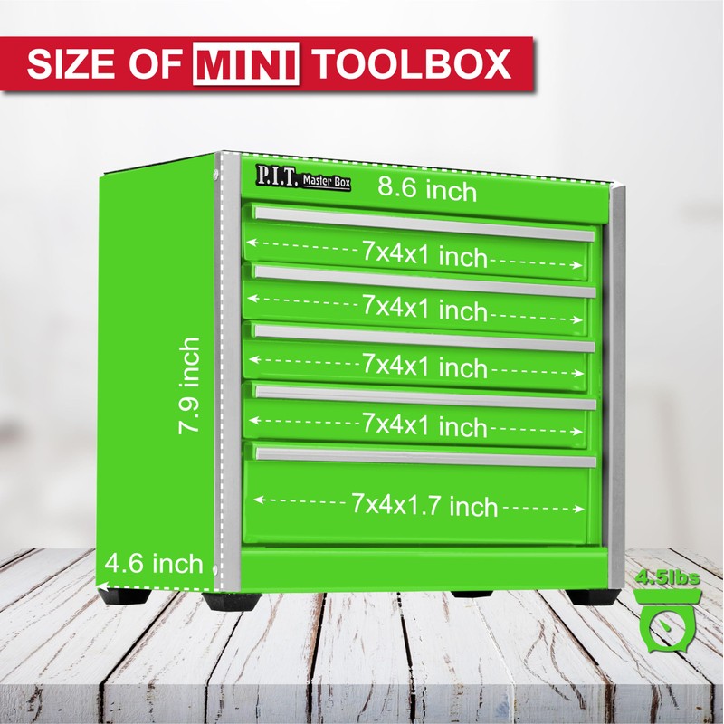 P.I.T. Mini Green Tool Box, Portable 5-Drawer Micro Roll Cab