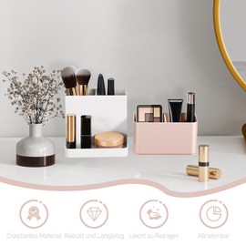 SLHEQING Make Up Organizer, Kosmetik Organizer mit Pinselhalter Abnehmbaren, Schminktisch Organizer mit 2 herausnehmbaren Trennwänden für Parfüm, Skincare, Pinsel, Lippenstifte (Rosa)
