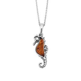 Kiara Jewellery Sealife 925 Sterling Silver Brown Baltic Amber Seahorse Pendant Necklace on 18" Sterling Silver Curb Chain, Sterling Silver, Amber