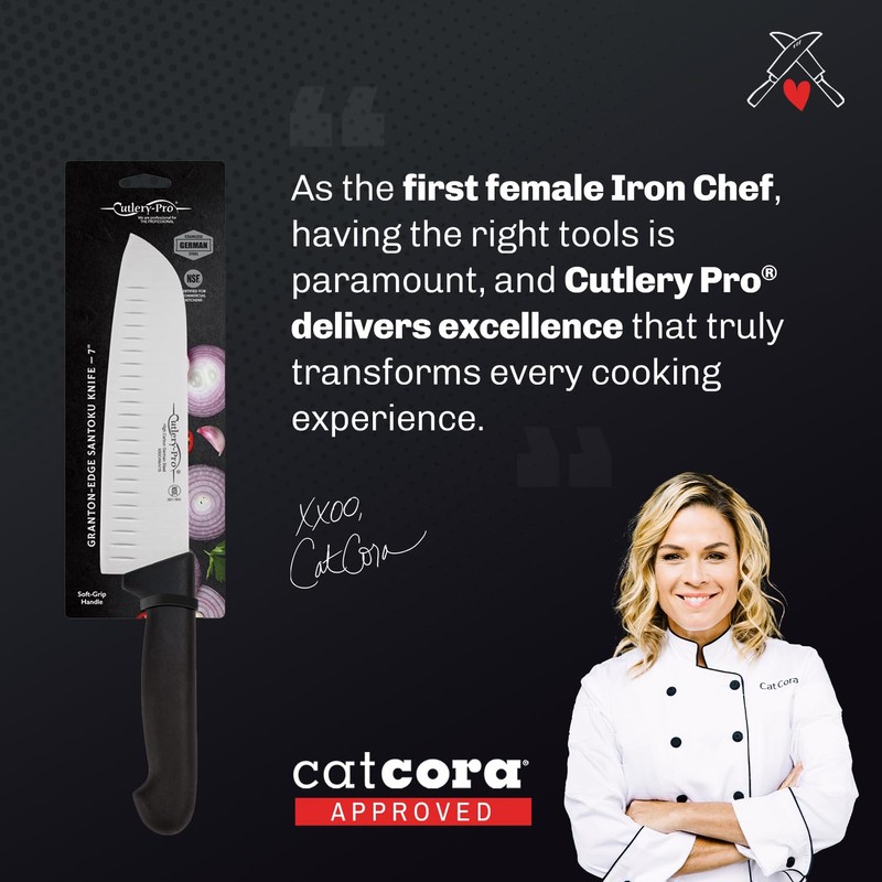 Cutlery-Pro Granton Santoku Knife, Cat Cora Approved, Soft-Grip Handle, NSF,
