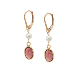 14k Gold-Filled Lever-back Earrings with Garnet Bezel Drops and (3.5-4mm) White Cultured Freshwater Pearl Accents